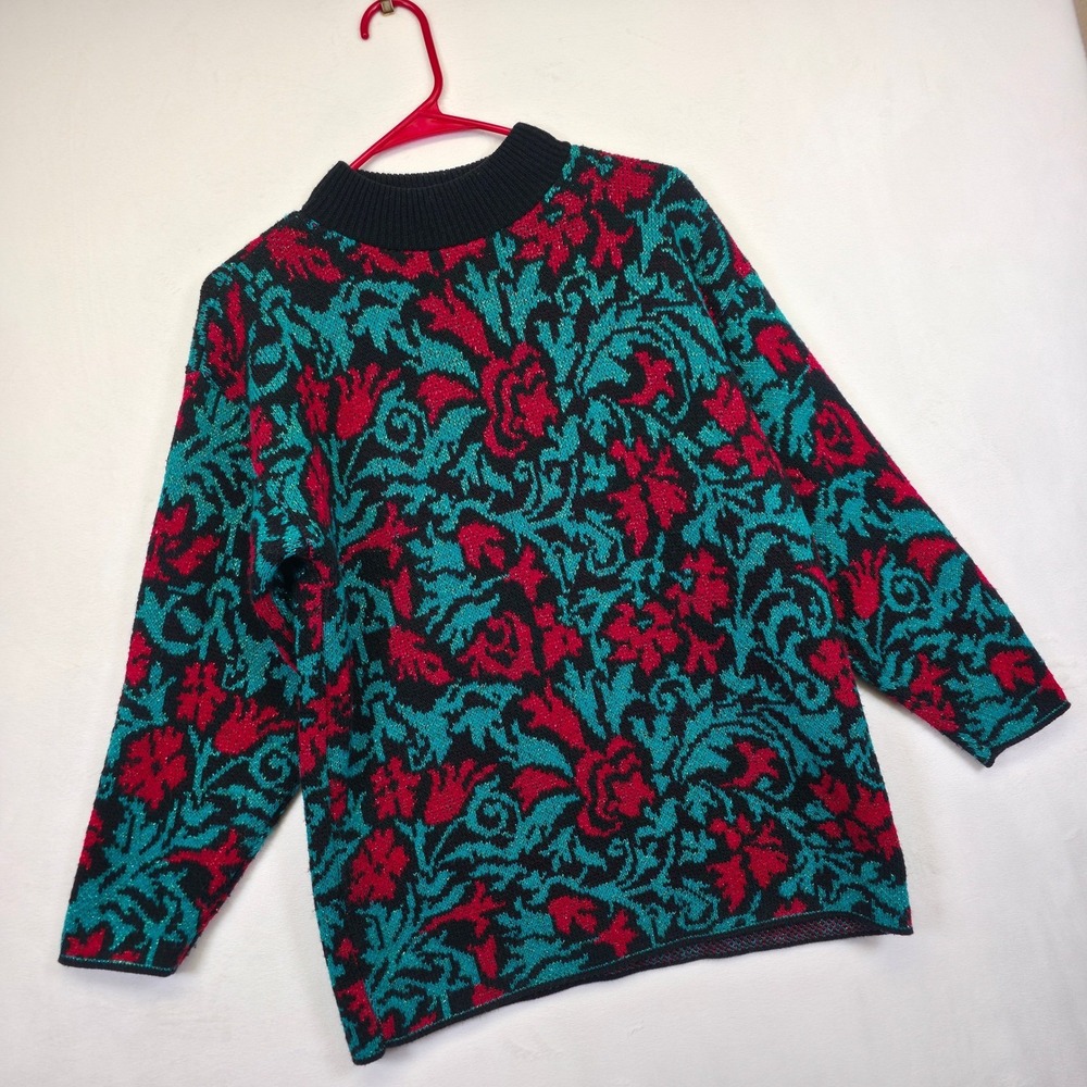 Mathias Sweater Womens M Metallic Floral Knit Black‎ Holiday Vtg Statement Xmas